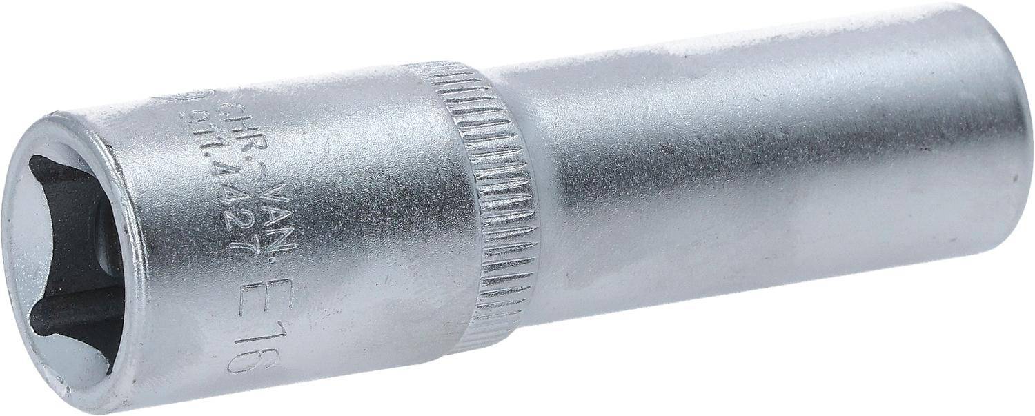 Ein Nahaufnahmebild eines metallischen zylindrischen Objekts mit einem gerillten Abschnitt, möglicherweise Teil eines Werkzeugs oder einer mechanischen Komponente.