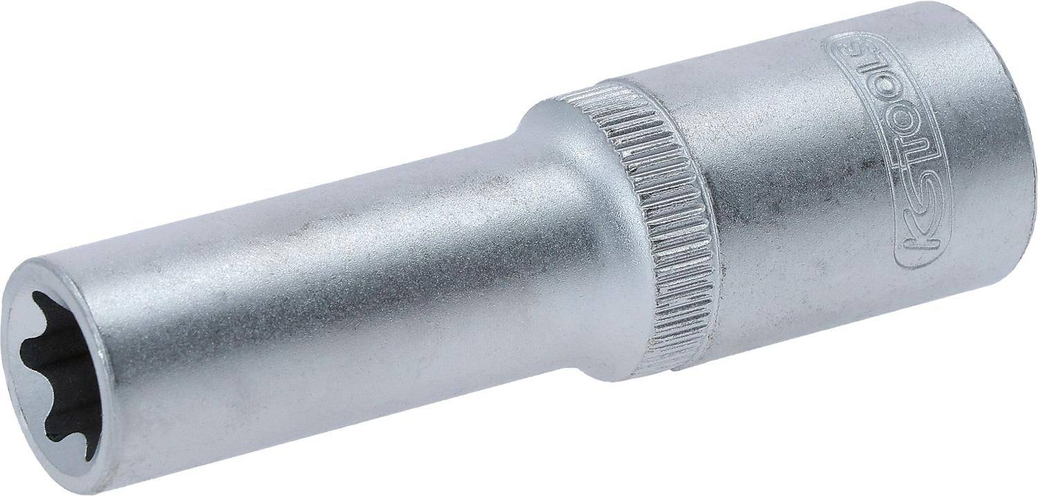 Eine Nahaufnahme eines Metallrohrs mit einem strukturierten Schraubanschluss, die Details der Gewindebohrung und Oberflächenbeschaffenheit zeigt.