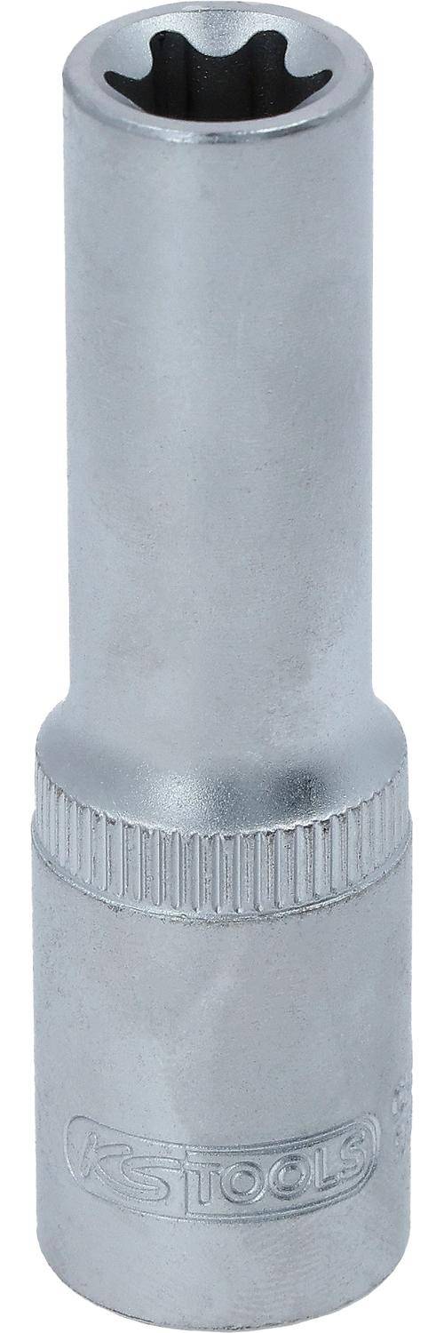 Eine Nahaufnahme eines metallischen, zylindrischen Werkzeugs, möglicherweise ein Steckschlüssel, mit einer gerillten Basis zum besseren Griff. Die Oberfläche ist glänzend und glatt.
