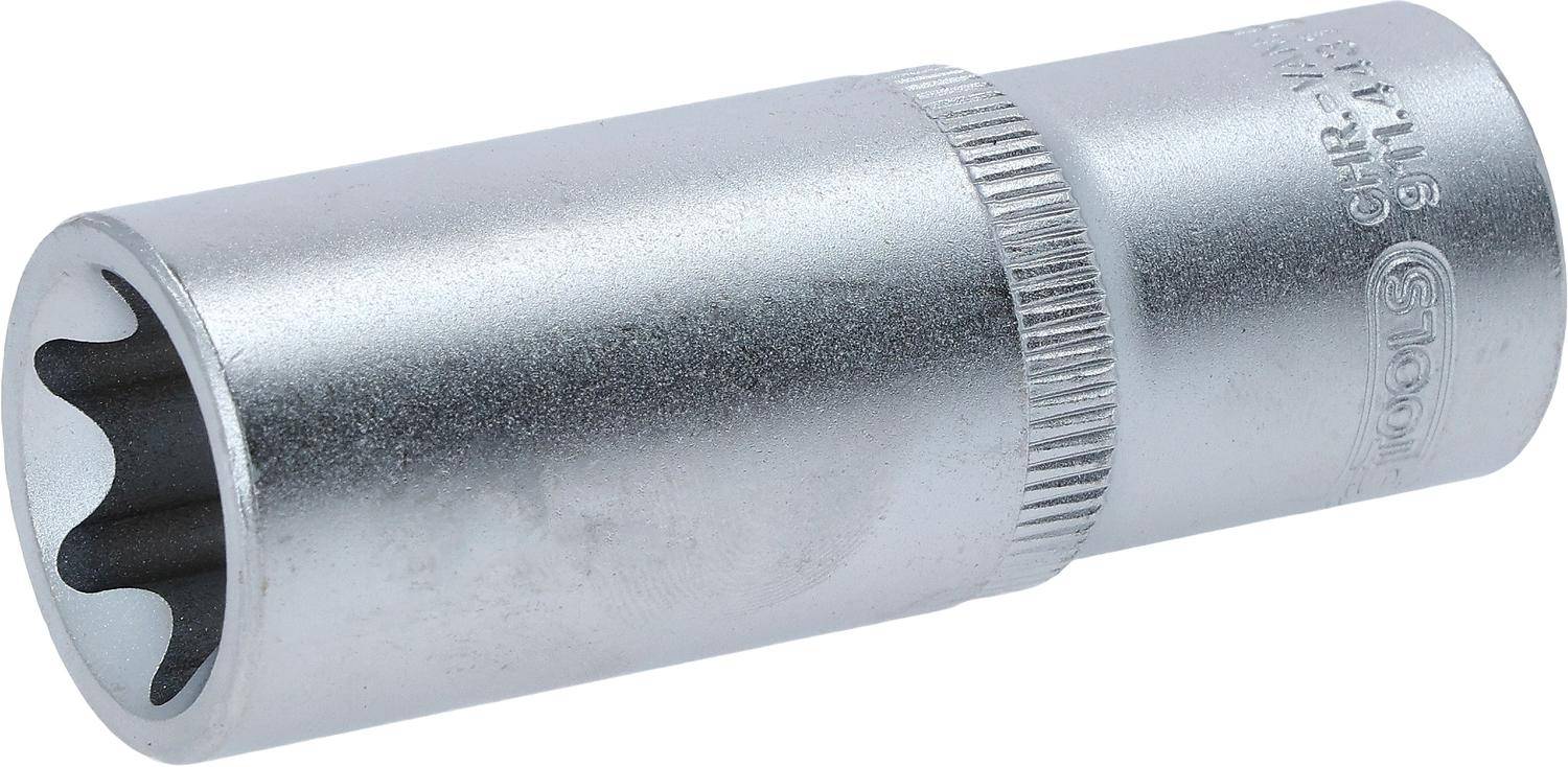 Ein Nahaufnahme-Bild eines metallischen zylindrischen Objekts mit einem strukturierten, gerippten Abschnitt nahe dem Ende, möglicherweise ein Werkzeug oder eine Maschinenkomponente.