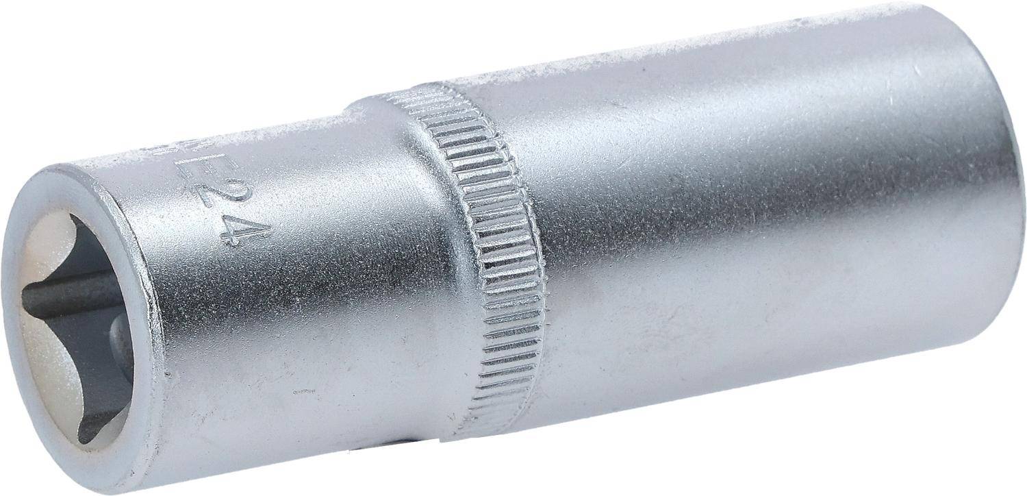 Nahaufnahme eines metallfarbenen zylindrischen Objekts mit strukturierter Griffzone, möglicherweise Teil eines Werkzeugs oder Geräts, das eine glatte, silberne Oberfläche zeigt.