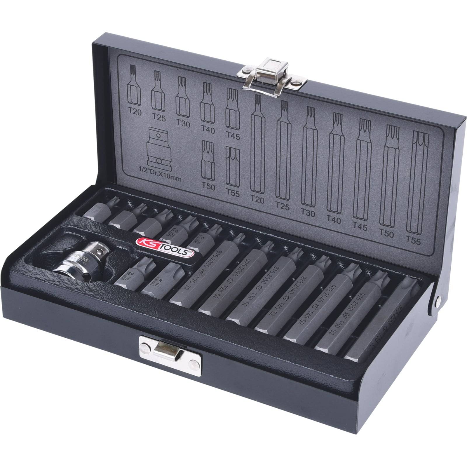 Schwarze Werkzeugsammlung mit verschiedenen Innensechskant-Bits und einer kleinen Ratsche. Umfasst Größen von T20 bis T55. Kompakt, offene Box mit beschrifteten Fächern.