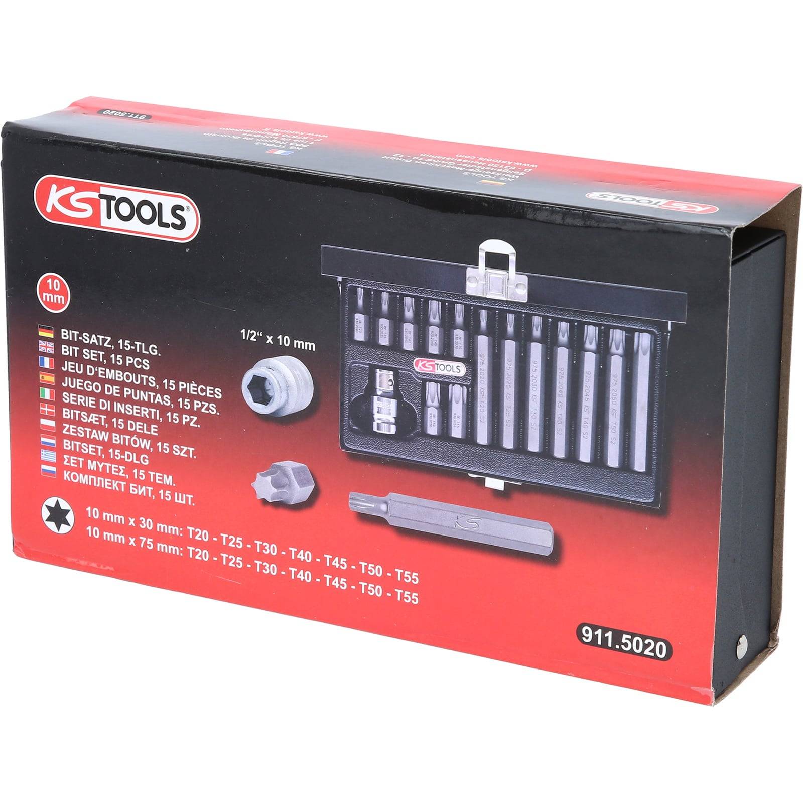 KS Tools Bitset, 15-teilig, umfasst verschiedene Größen von 10mm bis T55. Kommt in einer kompakten, markeneigenen Verpackung mit Artikelnummer 911.5020.