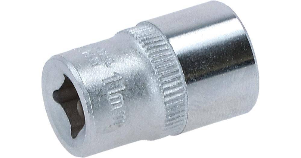 Ein Nahaufnahmebild eines 11-mm-Chromsteckschlüssels, entwickelt zum Anziehen oder Lösen von Muttern und Schrauben, das seine Größe und metallische Oberfläche zeigt.