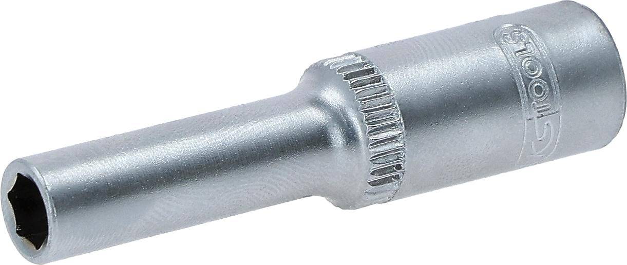Ein Nahaufnahmebild einer Metallbuchse, die ihre geriffelte Oberfläche und zylindrische Form hervorhebt, die wahrscheinlich für Werkzeuge zum Drehen wie einen Ratschenschlüssel verwendet wird.