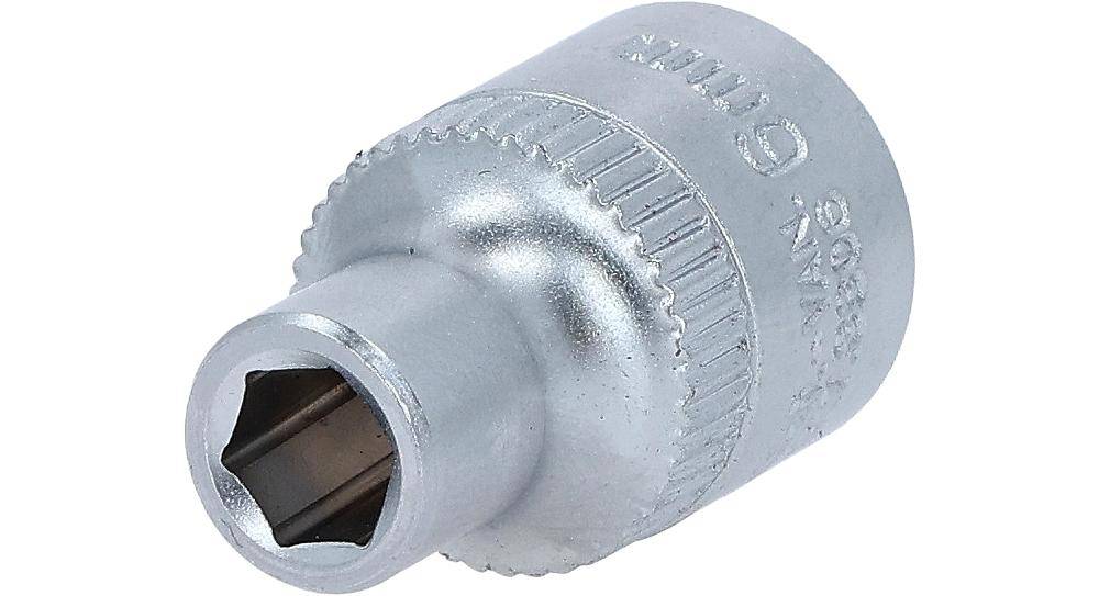 Ein Metallschraubenschlüssel mit einer sechseckigen Öffnung zum Anziehen oder Lösen von Schrauben, mit eingravierter Größenangabe '12mm'.