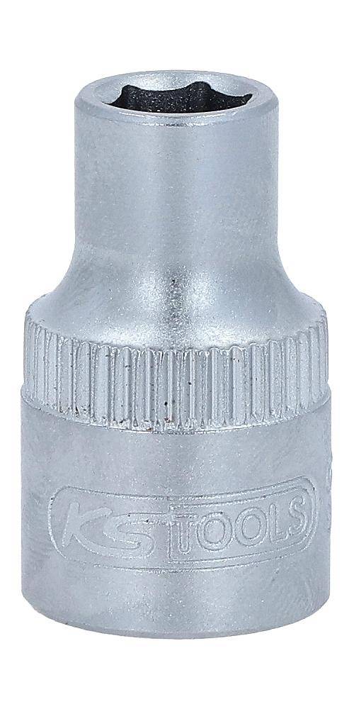 Ein metallischer Schraubenschlüssel-Kopf mit gerillten Griffdetails. Das Werkzeug ist zylindrisch und wirkt glänzend, was darauf hindeutet, dass es aus Stahl gefertigt ist.