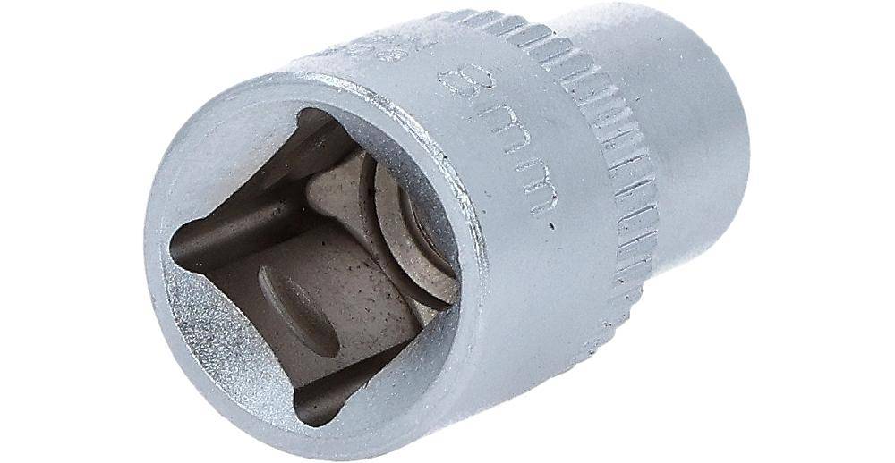 Ein metallischer Steckschlüssel-Kopf mit eingraviertem Text '8mm'. Er hat eine sechseckige Form im Inneren zum Befestigen von Schrauben oder Muttern.