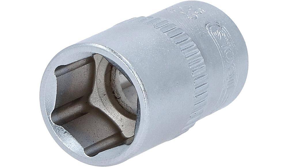 Eine Nahaufnahme eines Metallschraubenschlüssels mit einer sechseckigen Öffnung, der zum Anziehen oder Lösen von Muttern und Schrauben verwendet wird.