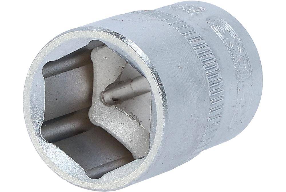 Eine Nahaufnahme eines Metallschraubenschlüssels mit vier Punkten, die seine quadratische Innenstruktur zum Greifen von Befestigungselementen zeigt.