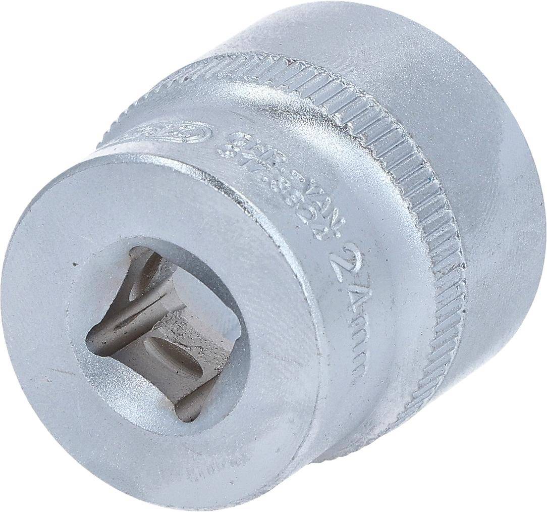 Ein 27-mm-Silber-Steckschlüssel, von der Endseite betrachtet, mit einer quadratischen Öffnung zur Befestigung an einem Ratschengriff.