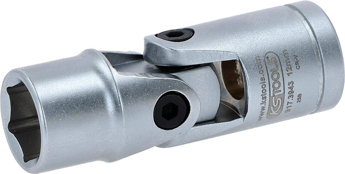 Eine Nahaufnahme eines metallischen Kardangelenks, die seinen Schwenkmechanismus und die Schrauben zeigt, das in Maschinen für flexible Rotation und Ausrichtung verwendet wird.