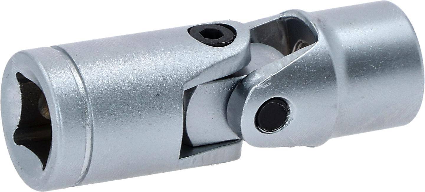 Nahaufnahme eines metallischen Universalgelenks, die dessen Schwenkmechanismus und Schrauben zeigt und technische sowie mechanische Details hervorhebt.