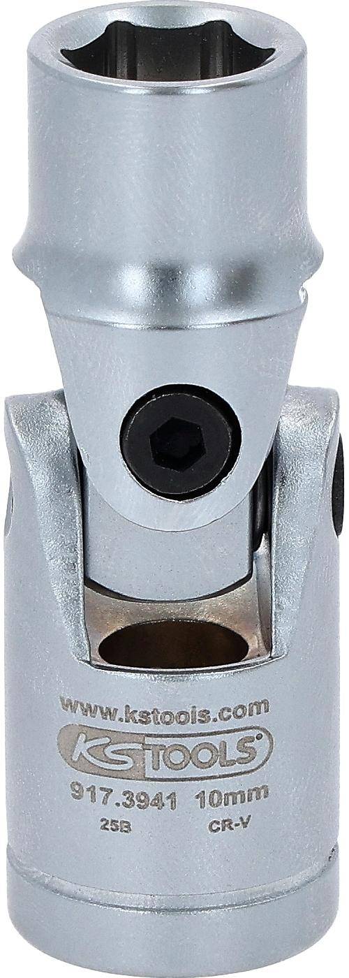 Ein metallisches Kardangelenk mit glänzend silberner Oberfläche, verwendet in Werkzeugen oder Maschinen, mit einem zentralen Drehpunktmechanismus und einem schwarzen kreisförmigen Element.