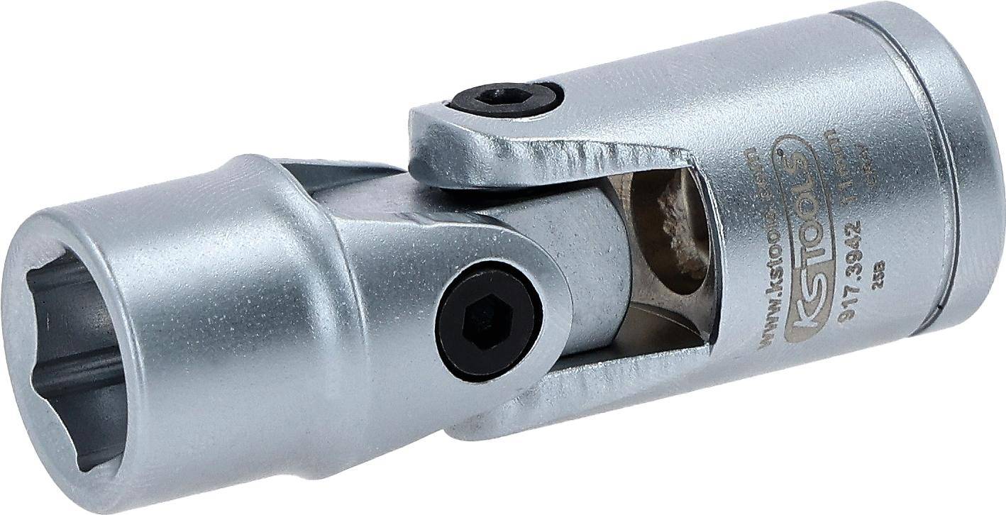 Nahaufnahme eines metallischen Kardangelenks mit zwei verbundenen Teilen, das seinen Schwenkmechanismus und die Schrauben zeigt.