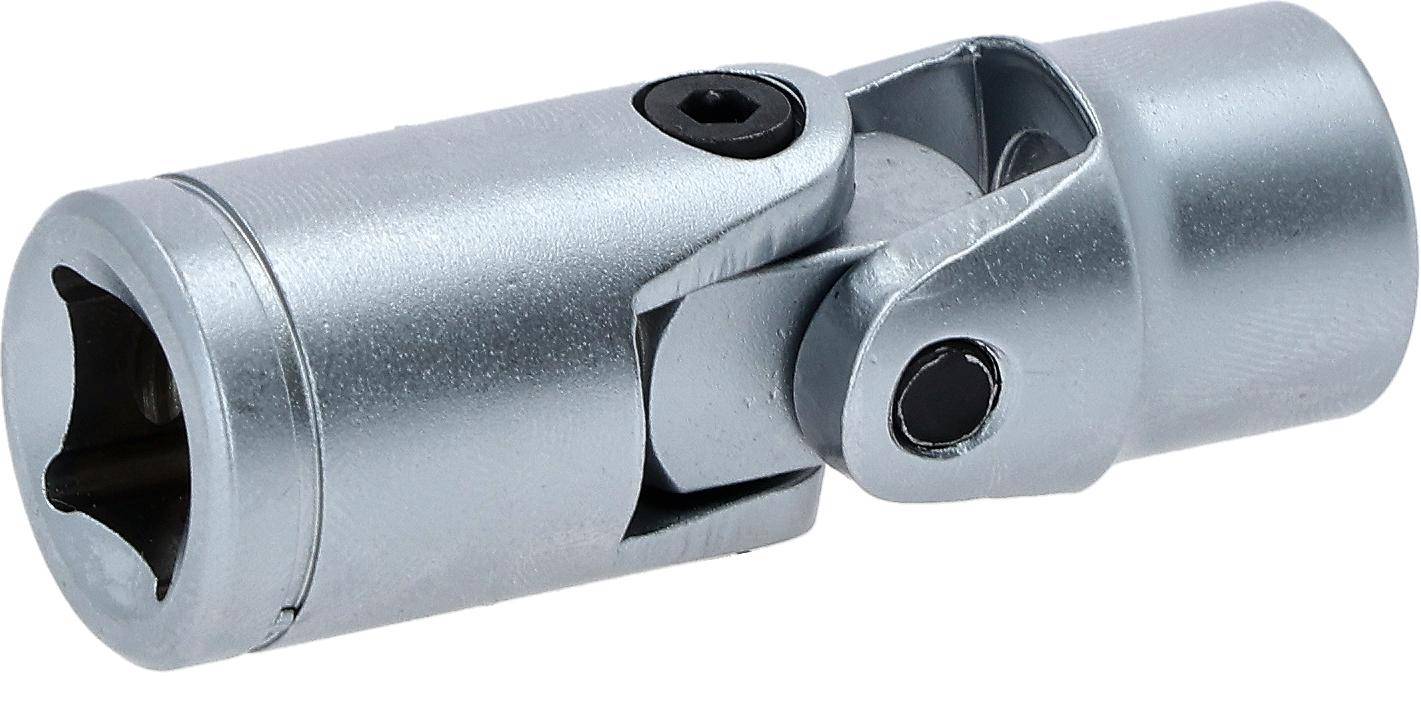 Nahaufnahme eines glänzenden Metalluniversalgelenks mit einer Sechskantschraube an einer Seite, das seinen schwenkbaren Mechanismus für Maschinenverbindungen präsentiert.
