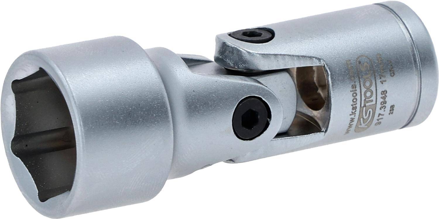 Nahaufnahme eines silbernen Kardangelenks; zwei verbundene Metallteile ermöglichen rotatorische Flexibilität und werden typischerweise in mechanischen Anwendungen eingesetzt.