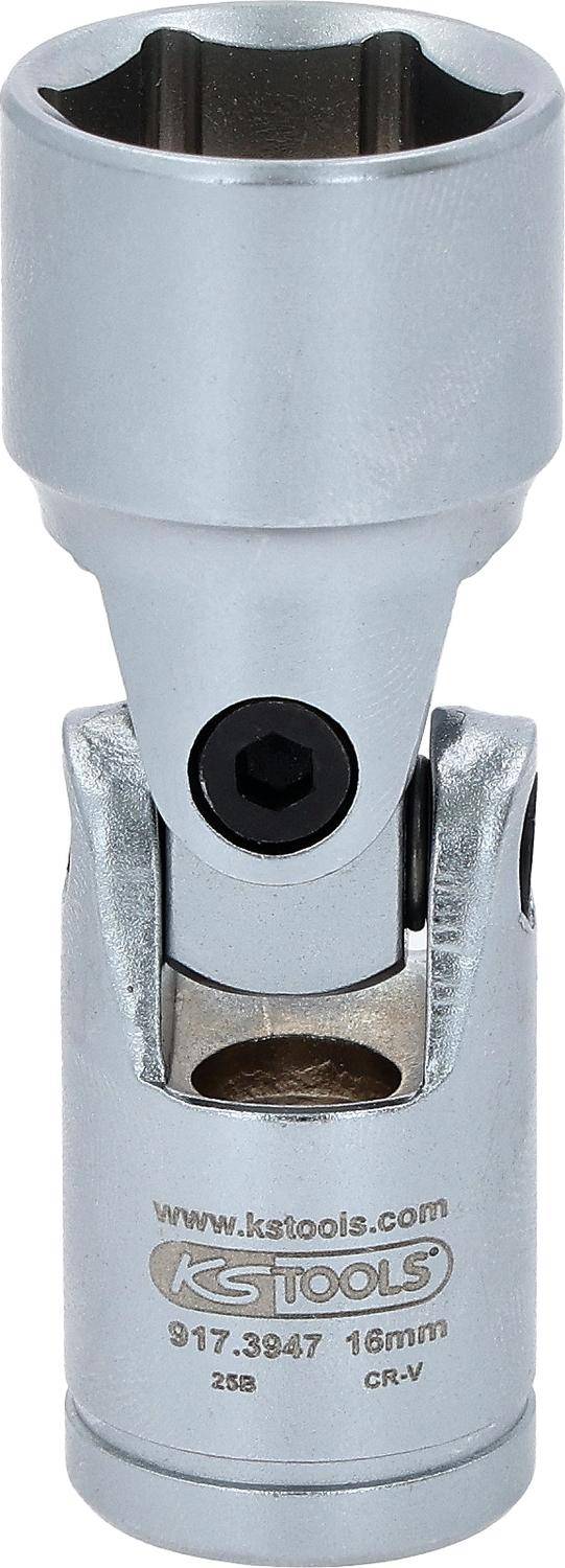 Ein Nahaufnahme eines silbernen Universal-Gelenkkupplers, die detaillierte Metallarbeit und einen sechskantigen Bolzen in der Mitte zeigt.