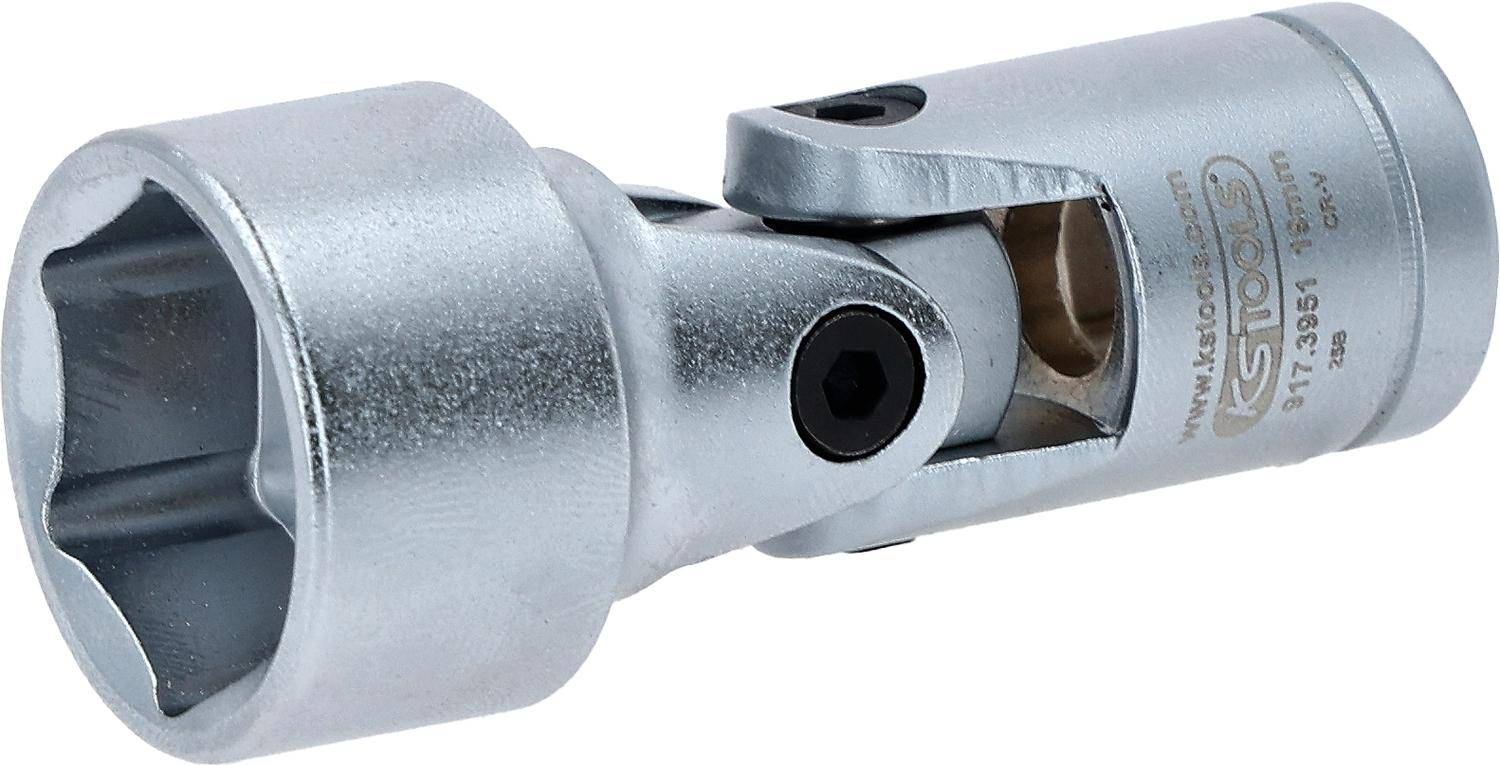 Ein Nahaufnahme eines silbernen Kardangelenks, das seine metallische Oberfläche und den Drehpunktmechanismus zeigt, der typischerweise in mechanischen Anwendungen verwendet wird.