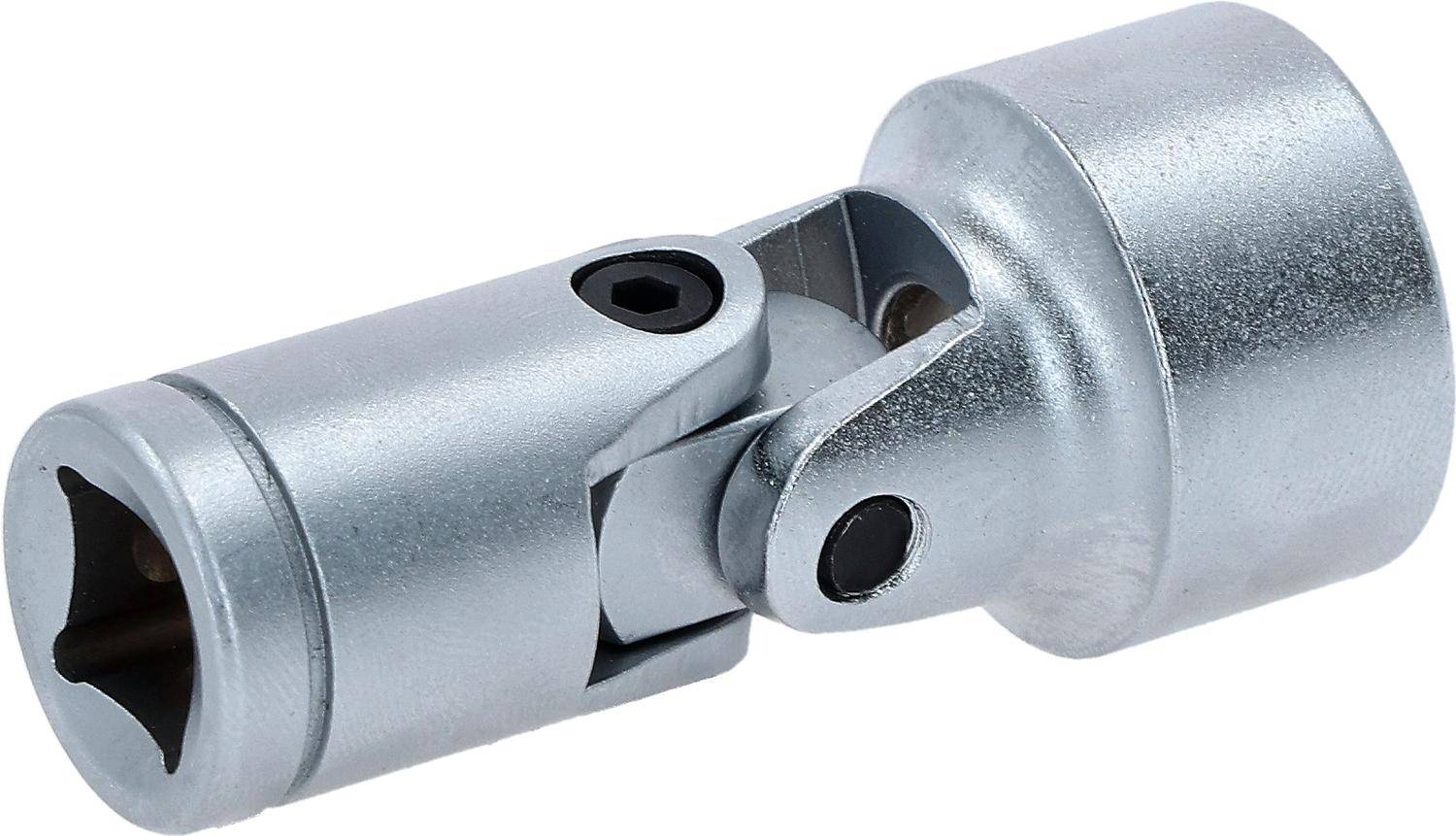 Eine Nahaufnahme eines glänzenden, silbernen Gelenks, das seinen Schwenkungsmechanismus zeigt, der zur Übertragung von Drehbewegungen in Maschinen oder Werkzeugen verwendet wird.