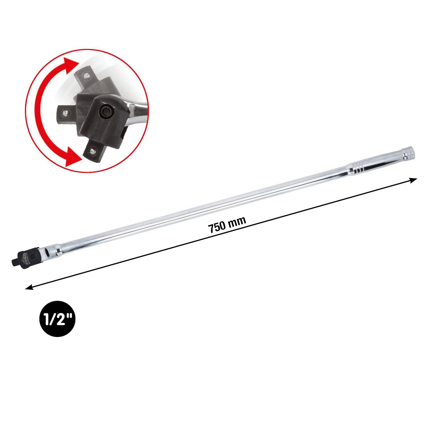 Eine 750 mm lange Brechstange mit 1/2 Zoll Antrieb und einem Schwenkkopf wird dargestellt, die ihre Länge und Details des Kopfdesigns zeigt.