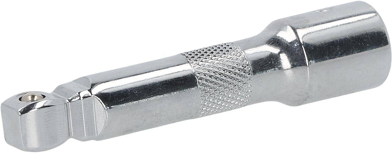 Eine Nahaufnahme eines silbernen Metallwerkzeuggriffs mit einem strukturierten Griffbereich für einen verbesserten Halt.