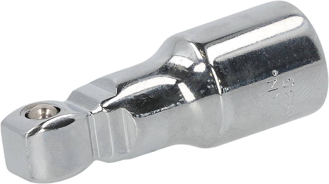 Eine Nahaufnahme eines glänzenden, metallischen Sechskantbits, das üblicherweise mit Bohrmaschinen zum Eindrehen von Schrauben oder Bolzen verwendet wird. Das Bit hat eine gekerbt-sechseckige Form.