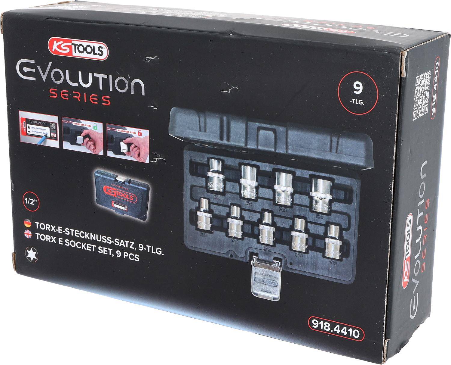 KS Tools Evolution-Serie, 9-teiliger Torx-E Steckschlüsselsatz, Verpackung mit Sockeln im Koffer und Produktabbildungen. Modellnummer 918.4410.