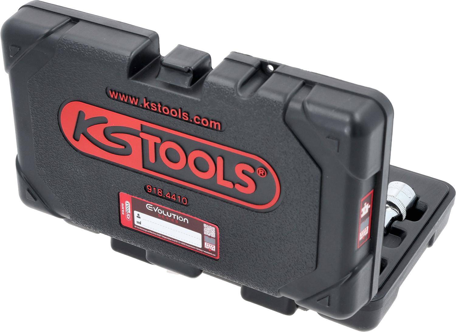 Ein schwarzer KS Tools Koffer mit der Website "www.kstools.com"" und der Modellnummer ""918.4410"", die darauf deutlich gedruckt sind.