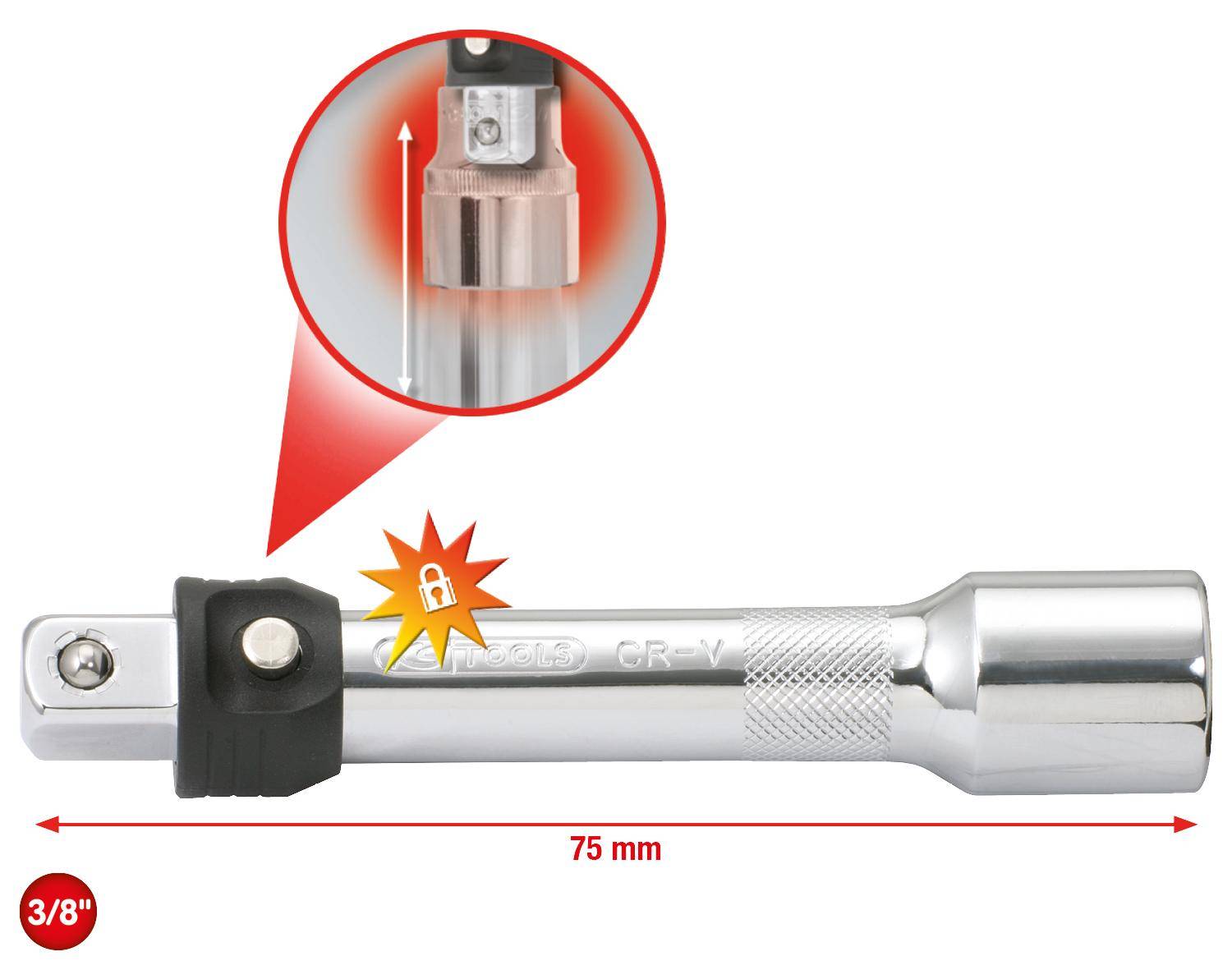 KS TOOLS 3/8" CHROMEplus Verlngerung mit Verriegelung, 75mm