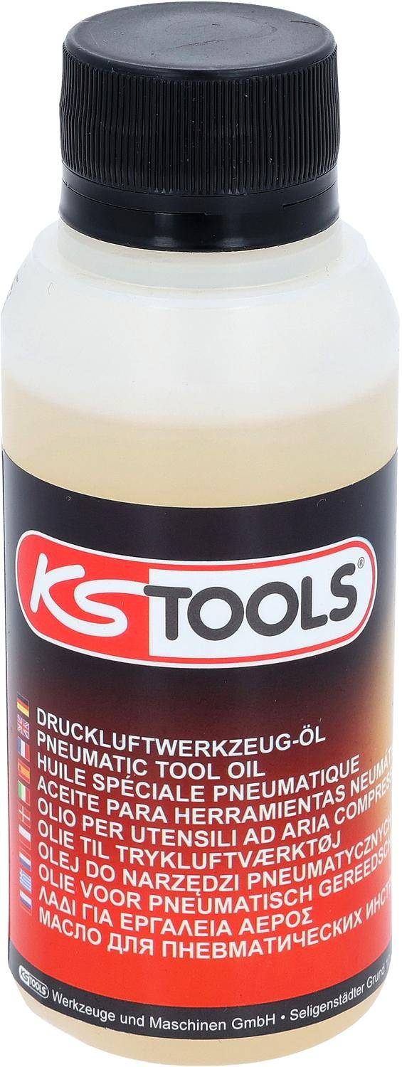 Eine Flasche KS Tools Hydrauliköl mit schwarzem Etikett, das das rote und weiße KS Tools Logo zeigt. Die Oberseite der Flasche ist sichtbar.