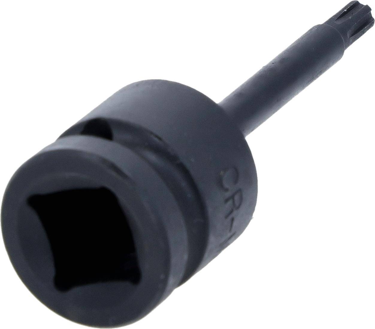 Ein schwarzer Steckschlüsseleinsatz mit einer sechseckigen Öffnung zum Überstreifen über Schrauben oder Muttern, der bei mechanischen oder automobilen Arbeiten verwendet wird.