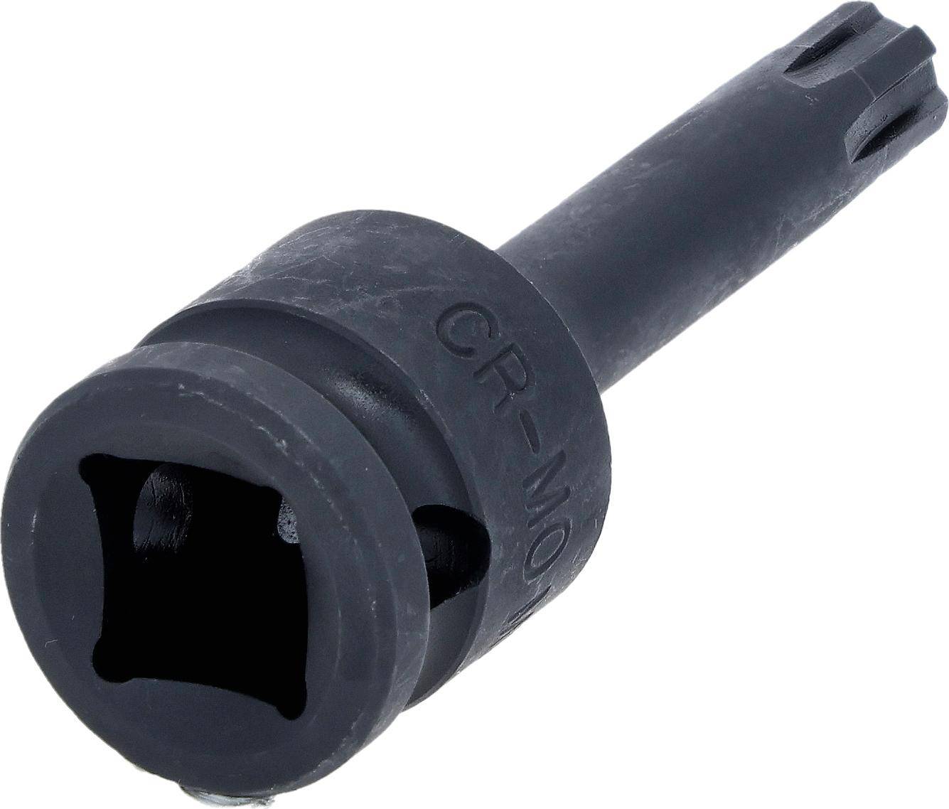 Schwarzer Cr-Mo Schlagschrauber-Adapter, Vierkant-Antrieb mit sechskantigem Aufnahmebereich, verwendet für automotive oder mechanische Anwendungen.