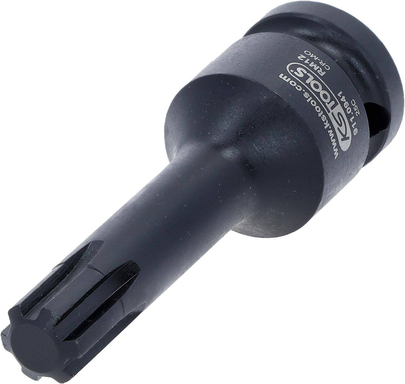 Ein schwarzes Automotive-Werkzeugstück mit einer zylindrischen Form, versehen mit der Gravur 'LS Tools' und Spezifikationen. Es scheint sich um einen Steckschlüssel oder Adapter zu handeln.