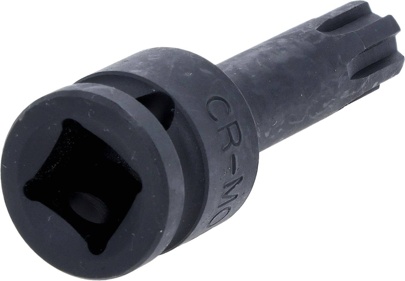 Eine schwarze, metallene Steckschlüsselverlängerung mit dem Aufdruck 'CR-MO' an der Seite, die eine sechseckige Öffnung zum Anbringen an anderen Werkzeugen aufweist.