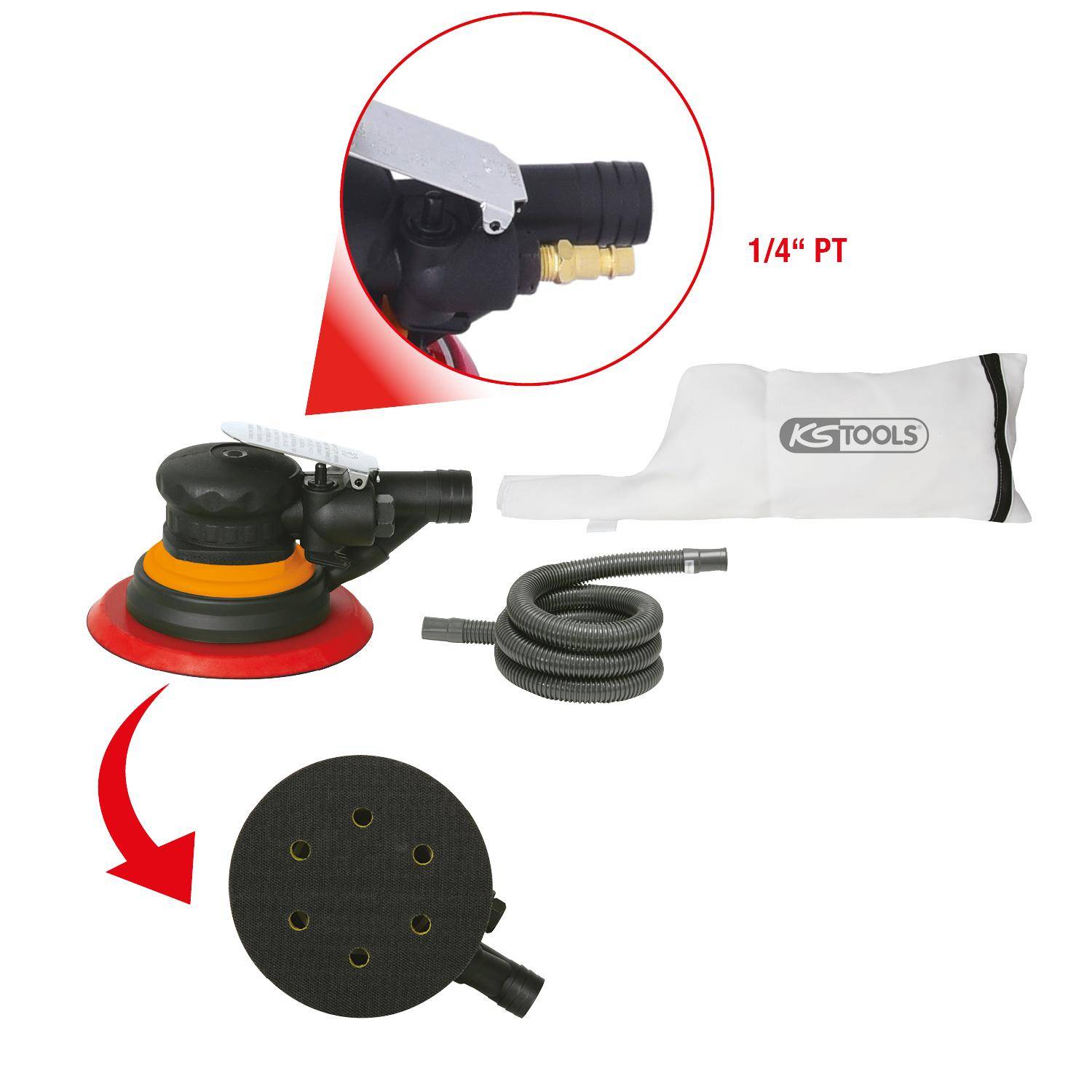 KS TOOLS Feinschliff-Druckluft-Excenterschleifer mit Staubabsaugung