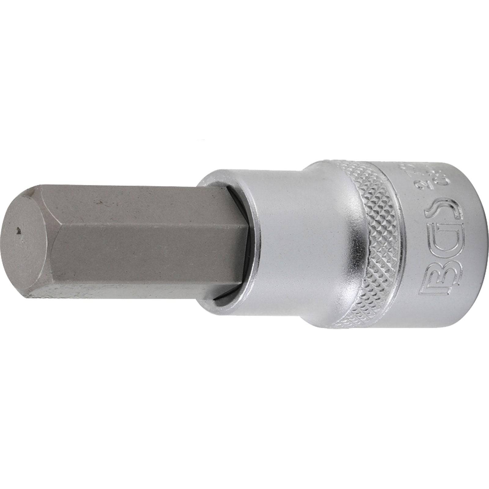 Ein Sechskant-Bitsockel-Werkzeug mit polierter Metalloberfläche, das eine sechseckige Spitze für den Einsatz mit einem Schraubenschlüssel oder Ratsche bei mechanischen Arbeiten aufweist.