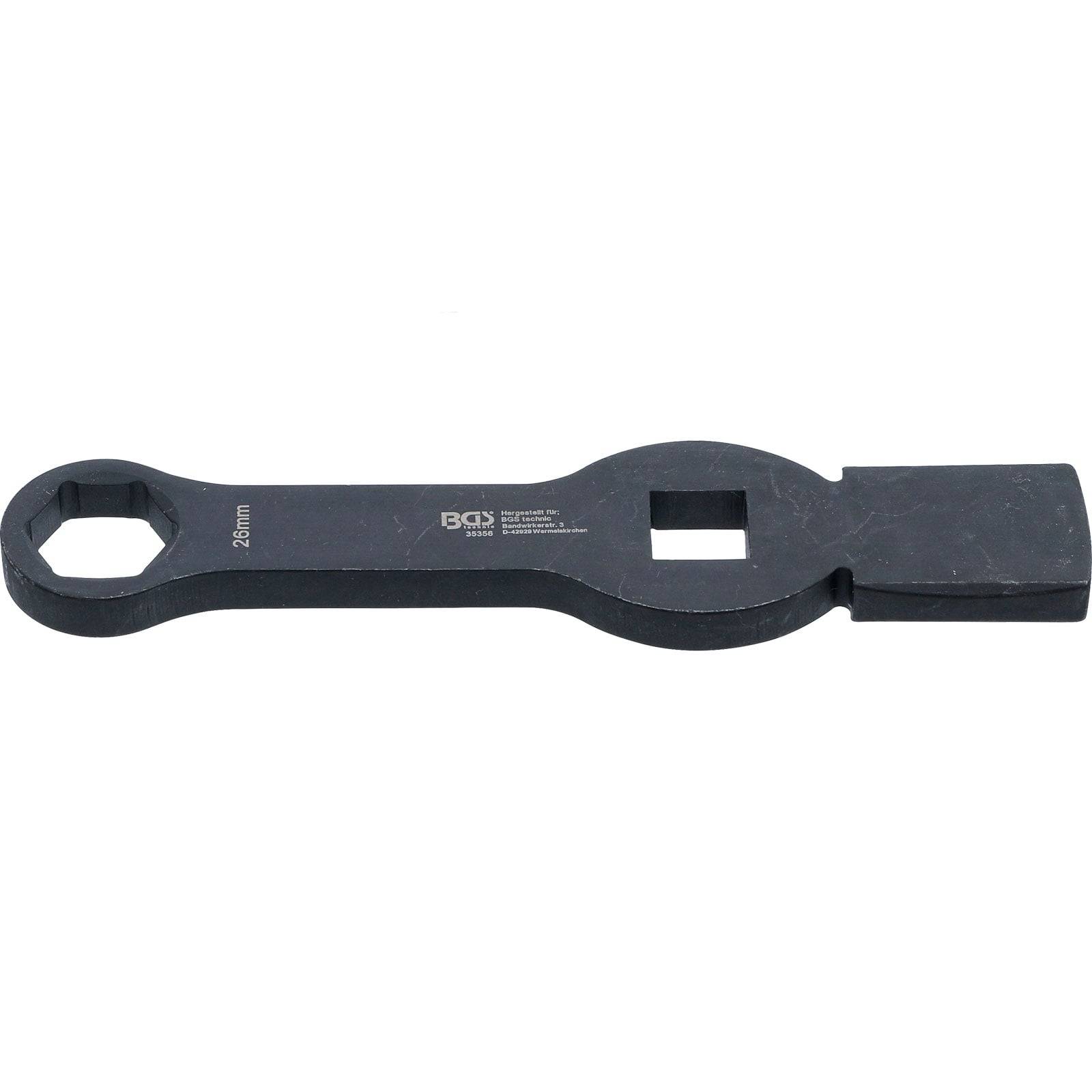 Ein schwarzer Metallschlüssel mit einer 24-mm-Sechskantöffnung an einem Ende und einem quadratischen Schlitz am anderen Ende, der zum Anziehen oder Lösen von Schrauben verwendet wird.