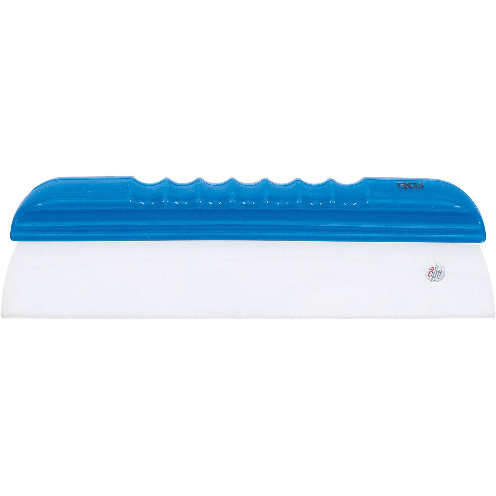 Ein blau-weißer Abzieher mit texturiertem Griff, entwickelt zum Reinigen von Oberflächen wie Fenstern oder Autoscheiben.