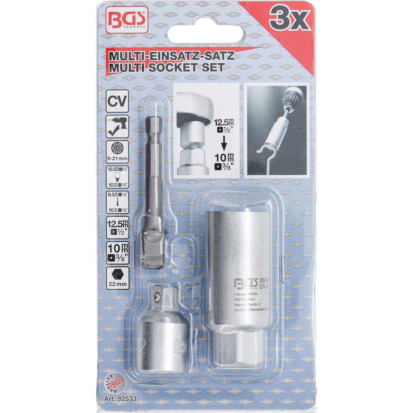 BGS Multi-Einsatz mit mit Adapter-Satz 10 mm (3/8") SW 9 - 21 mm 3tlg. - 92533