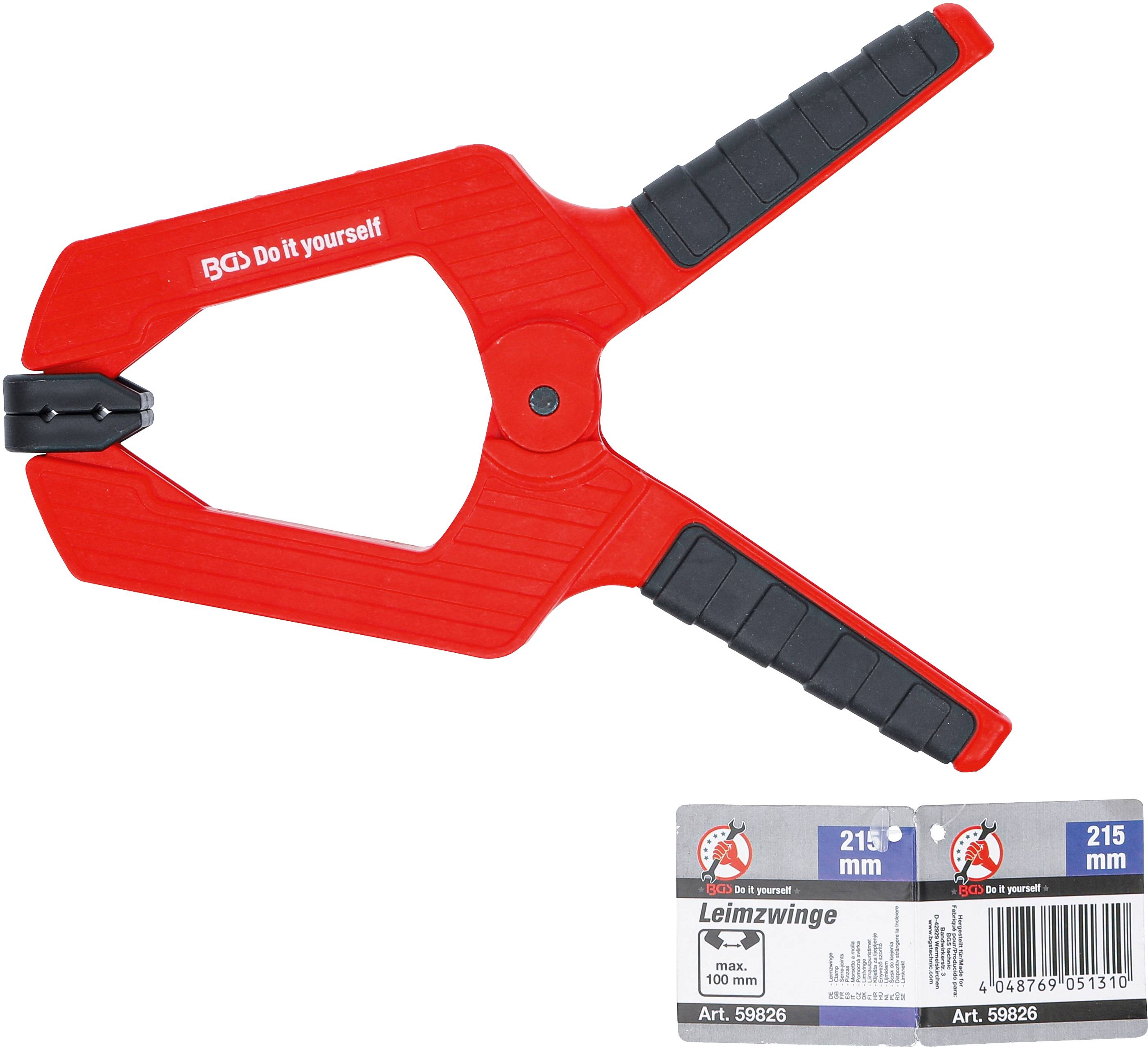 Ein rotes Werkzeug mit schwarzen Griffen, beschriftet mit 