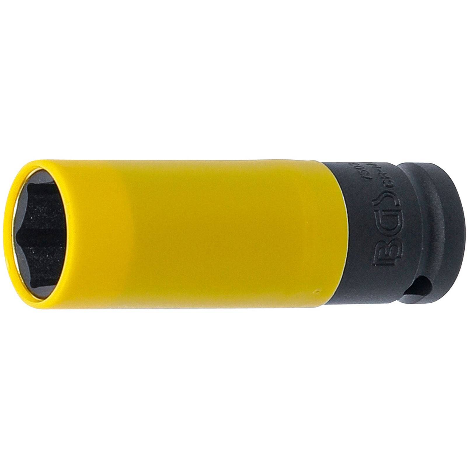 Eine gelbe und schwarze Steckdose, die zum Entfernen und Installieren von Zündkerzen konzipiert ist. Sie verfügt über einen Gummigriff für einfache Handhabung.