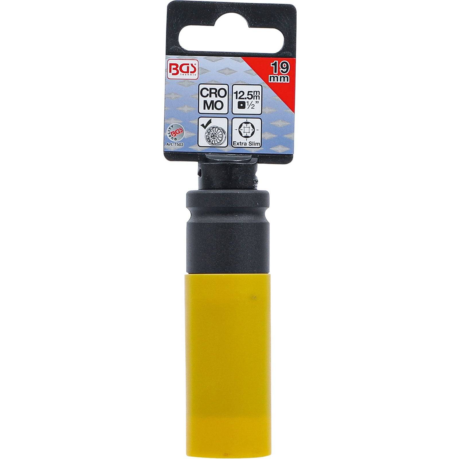 19 mm BGS Schlagschraubereinsatz mit gelber Gehäuse, beschriftet mit Cromo, 1/2 Zoll, 12,5 mm, besonders schlankes Design, geeignet für den Automobilbereich.