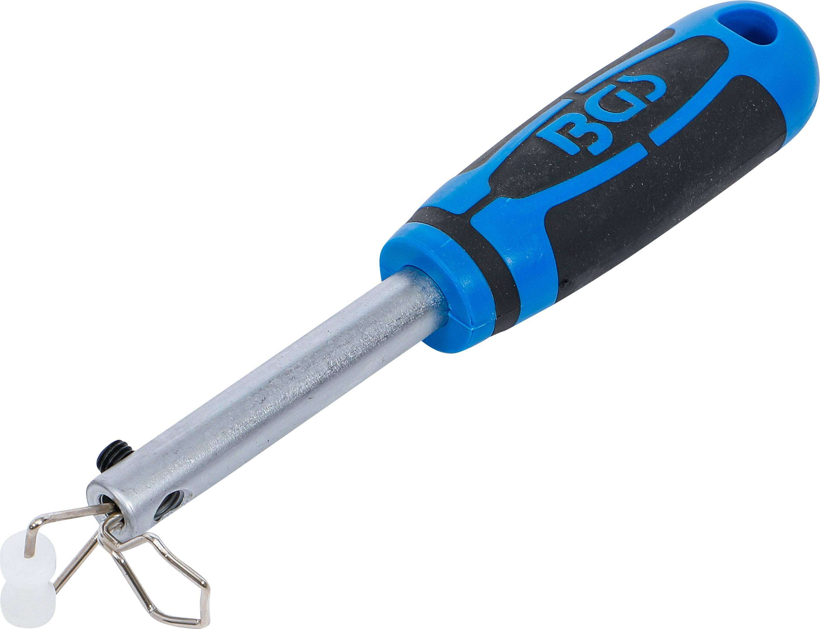 Ein Schraubendreher mit schwarzem Gummigriff, blauen Akzenten und einer Schlaufe am Ende des Griffs.
