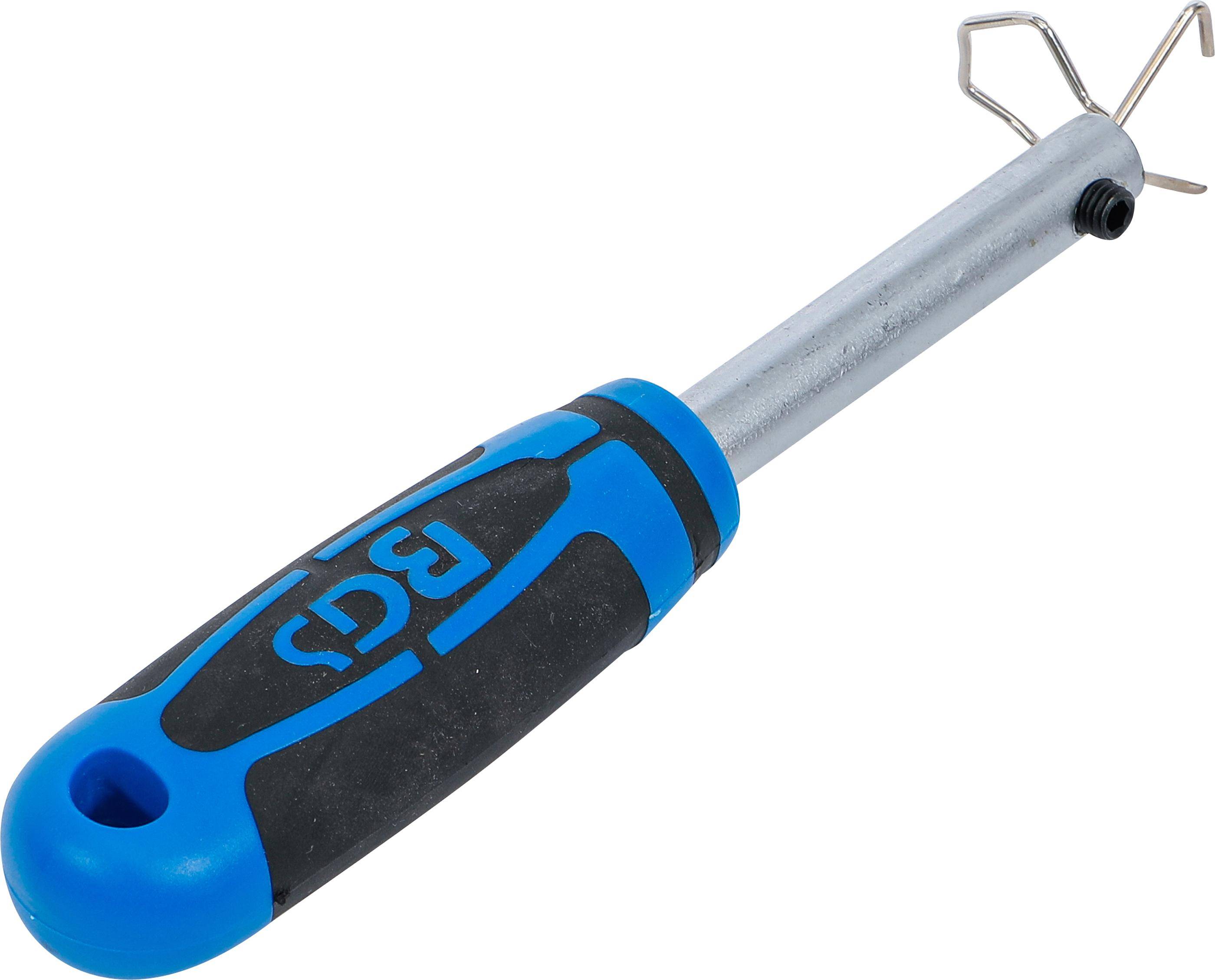 Ein Metallhaken-Werkzeug mit einem blau-schwarzen Gummigriff, der mit 'BGS' gekennzeichnet ist. Das Hakenende ist gebogen und für das Ziehen oder Lösen von Objekten konzipiert.