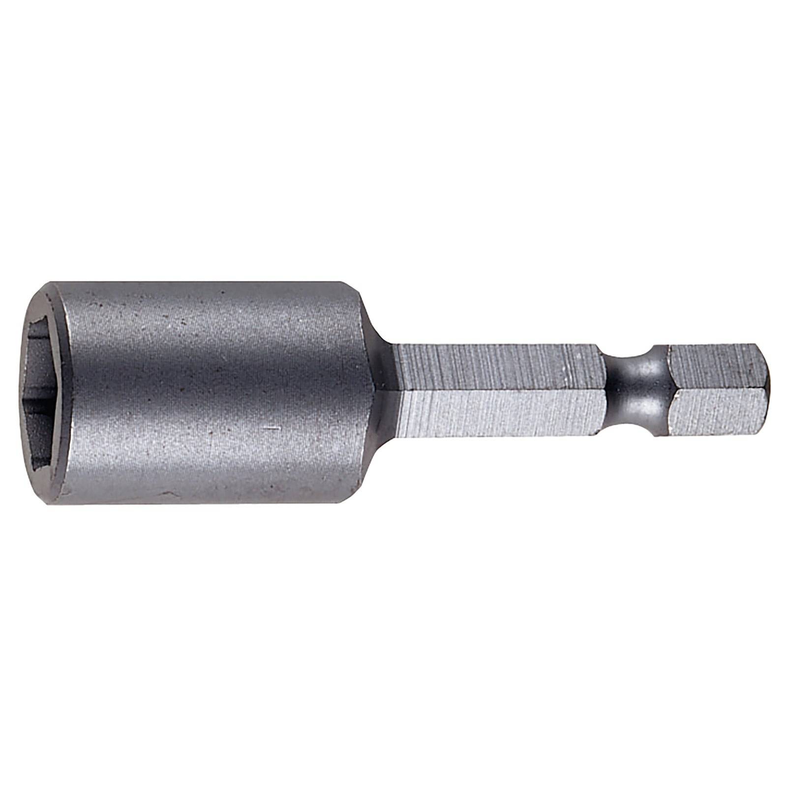 Ein metallischer Steckschlüssel-Adapter mit sechseckigem Ende zum Bohreransatz, der zum effizienten Anziehen von Muttern und Schrauben verwendet wird.