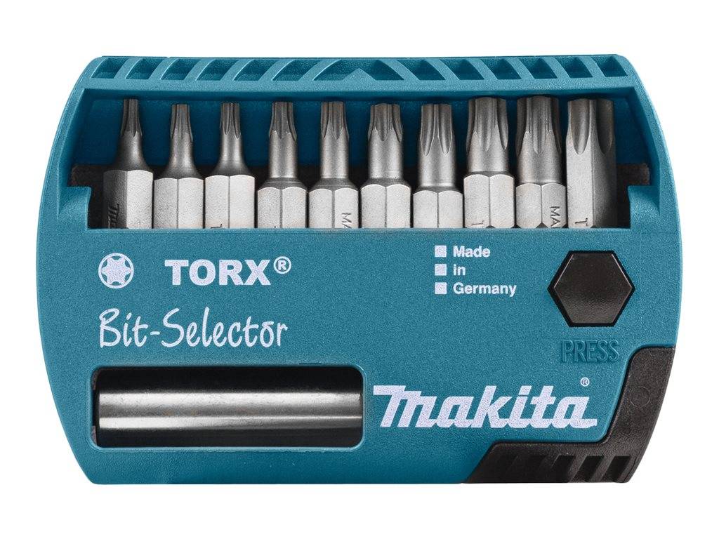 TORX Bit-Selector', ein blauer Makita-Koffer mit verschiedenen Torx-Schraubenzieherbits, beschriftet mit 'Made in Germany', mit einem 'Drück'-Knopf.