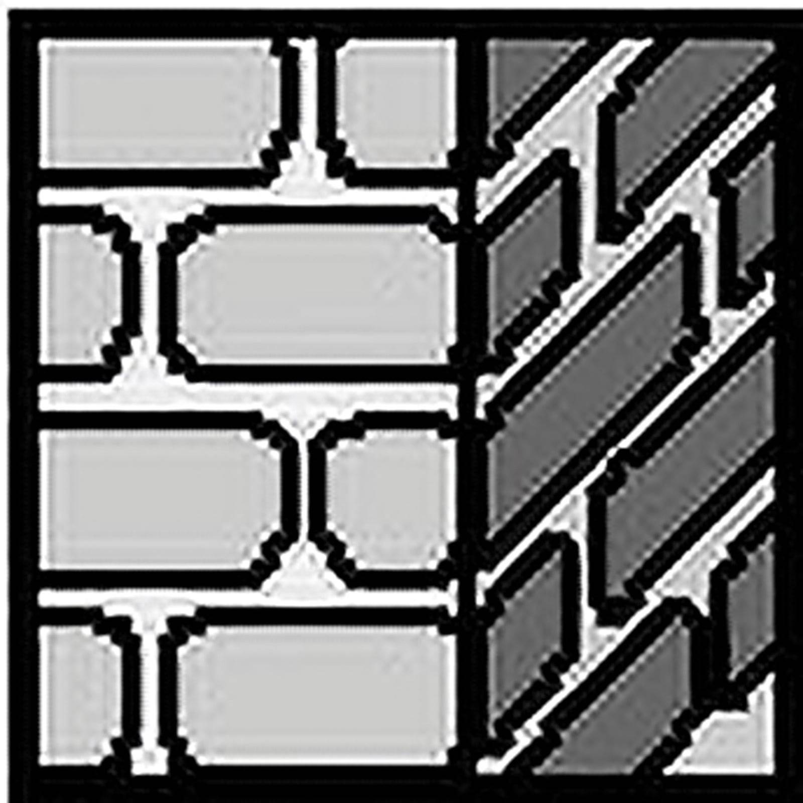 Illustration des 'Ziegelverbands', die zwei Stile zeigt: linke Seite zeigt ein Raster von versetzt angeordneten rechteckigen Ziegeln; rechte Seite zeigt ein diagonales Fischgräten-Muster.