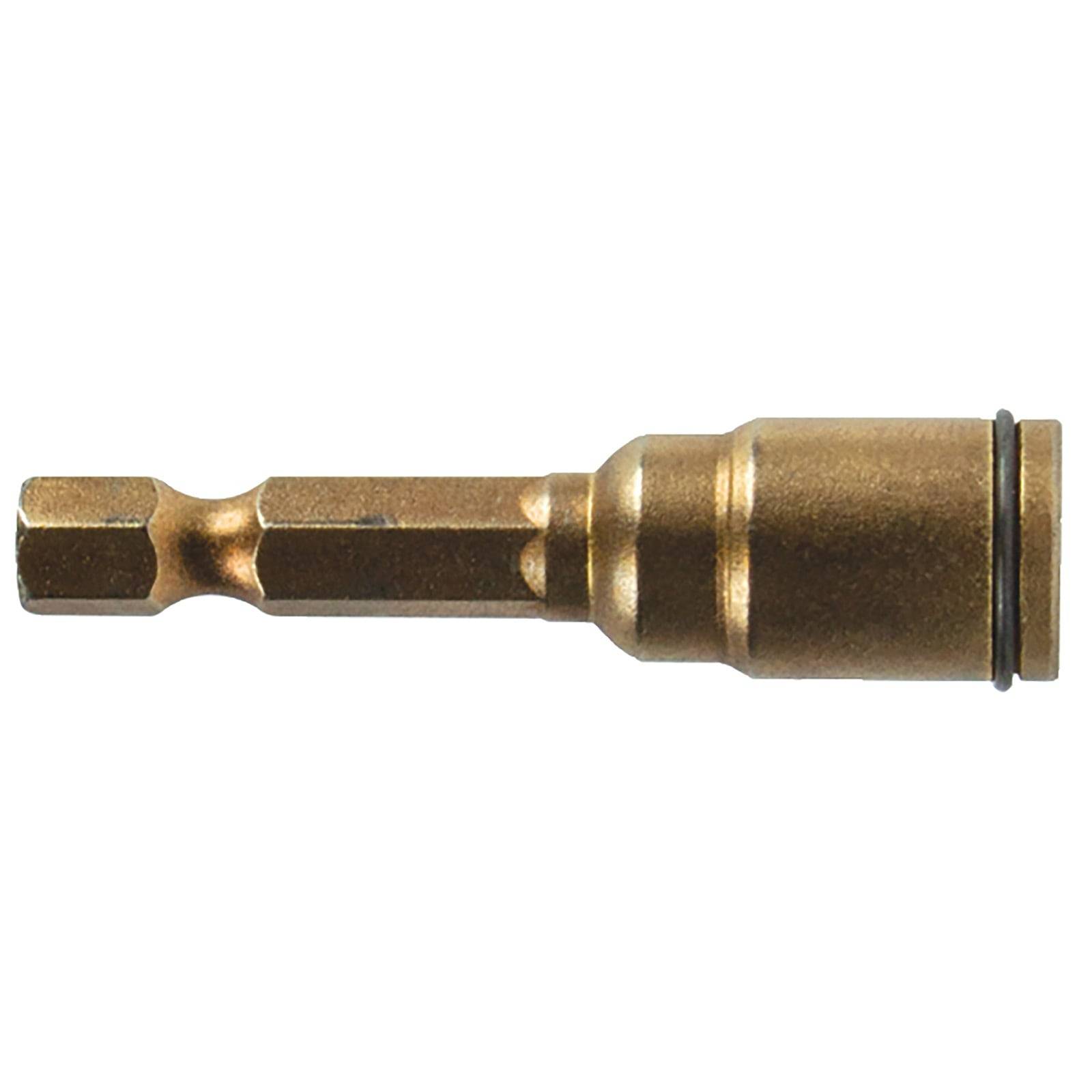 Ein bronzefarbener Schraubenziehereinsatz mit sechskantigem Schaft und magnetischer Spitze, der zum effizienten Eindrehen von Schrauben verwendet wird.