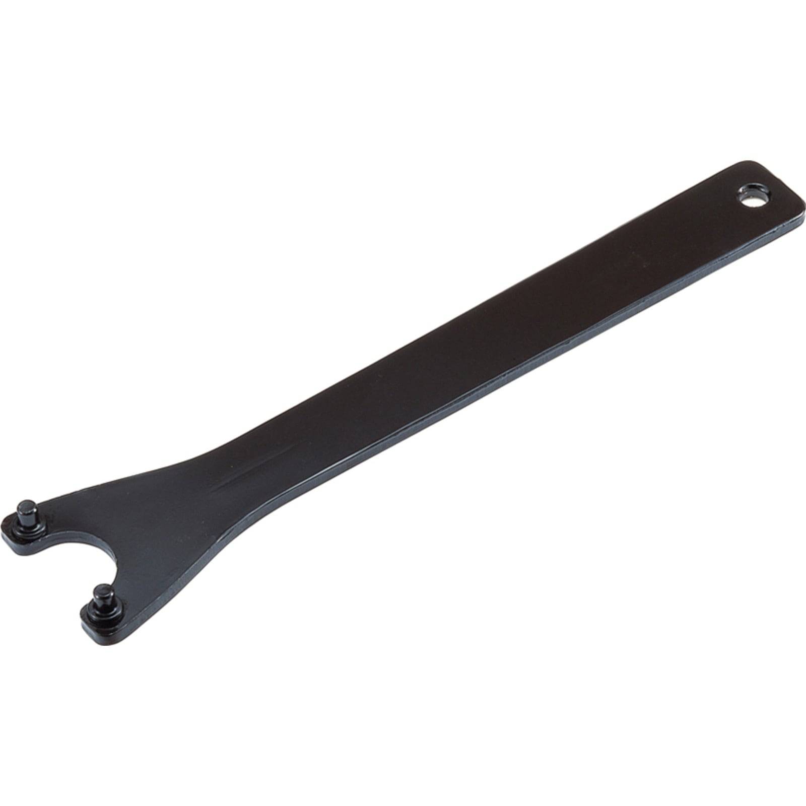 Ein schwarzer Schraubenschlüssel mit einem abgewinkelten Griff und zwei kleinen Schrauben am Ende, der für spezifische mechanische Einstellungen oder Reparaturen entwickelt wurde.